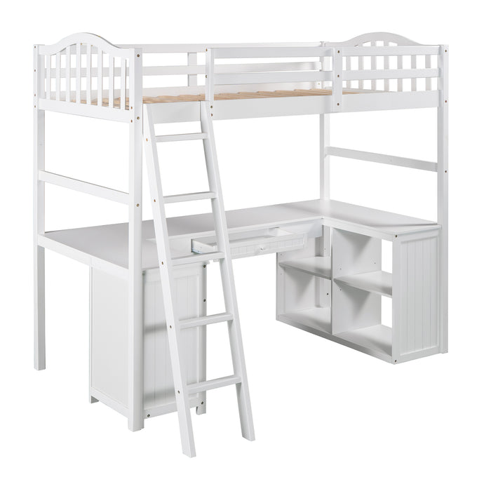 GFD Home - Twin size Loft Bed with Drawers, Cabinet, Shelves and Desk, Wooden Loft Bed with Desk - White(OLD SKU :LP000505AAK) - GreatFurnitureDeal