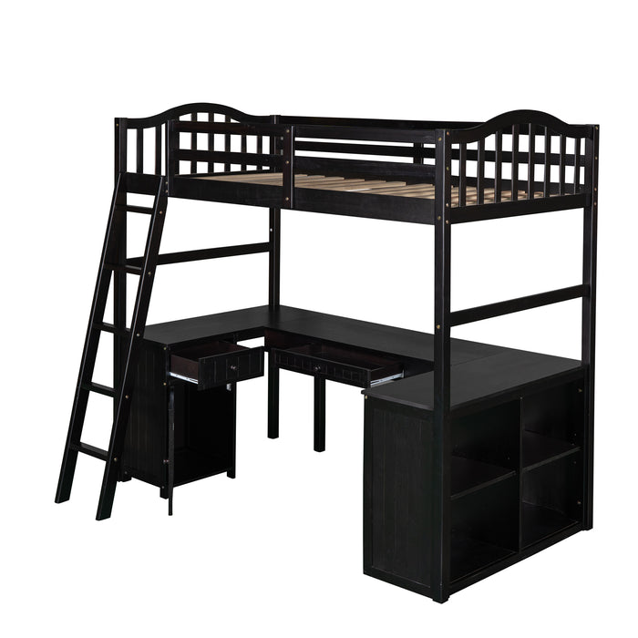 GFD Home - Twin size Loft Bed with Drawers, Cabinet, Shelves and Desk, Wooden Loft Bed with Desk - Espresso(OLD SKU :LP000505AAP) - GreatFurnitureDeal