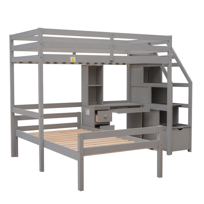 GFD Home - Twin Size Loft Bed with a Stand-alone Bed, Storage Staircase, Desk, Shelves and Drawers, Gray - GreatFurnitureDeal