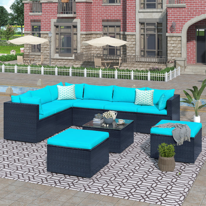 GFD Home - GO 9-piece Outdoor Patio PE Wicker Rattan conversation Sectional Sofa sets with 3 sofa, 3 corner sofa, 2 ottomans, and 1 glass coffee table, removable soft cushions (Black wicker, Blue cushion) - GreatFurnitureDeal