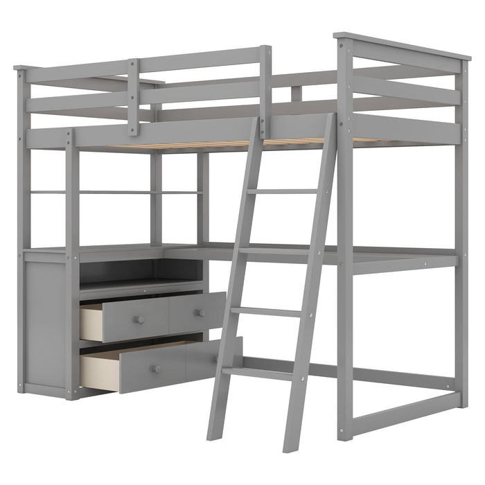 GFD Home - Twin Size Loft Bed with Desk and Shelves,Two Built-in Drawers,Gray(OLD SKU:GX000803AAE) - GreatFurnitureDeal