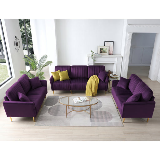 GFD Home - Modern Purple Velvet Upholstered 3-Piece Sectional Sofa Set, 3-Seater Sofa + 2 Piece Loveseat Sofa Couch with Sturdy Metel Legs for Living Room or Apartment - GreatFurnitureDeal