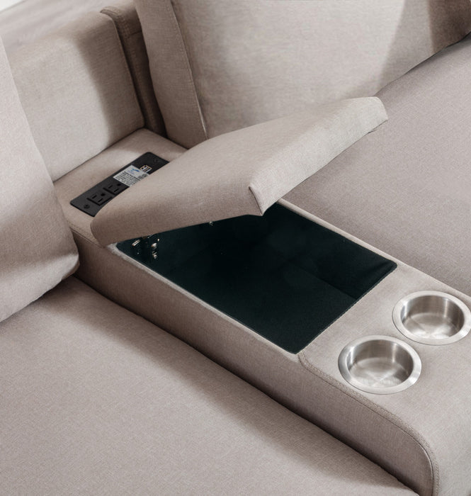 GFD Home - Nolan Beige Linen Fabric 6Pc Double Chaise Sectional Sofa with Interchangeable Legs, Storage Ottoman, Pillows, and a USB, Charging Ports, Cupholders, Storage Console Table - GreatFurnitureDeal