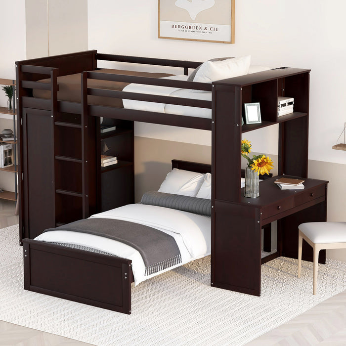 GFD Home - Twin size Loft Bed with a Stand-alone bed, Shelves,Desk,and Wardrobe-Espresso - GreatFurnitureDeal