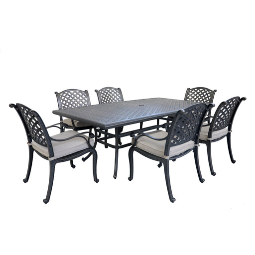 GFD Home - Cast Aluminum 7-Piece Rectangular Dining Set with 6 Arm chairs, Sand dollar cushion - GreatFurnitureDeal