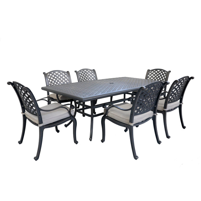 GFD Home - Cast Aluminum 7-Piece Rectangular Dining Set with 6 Arm chairs, Sand dollar cushion