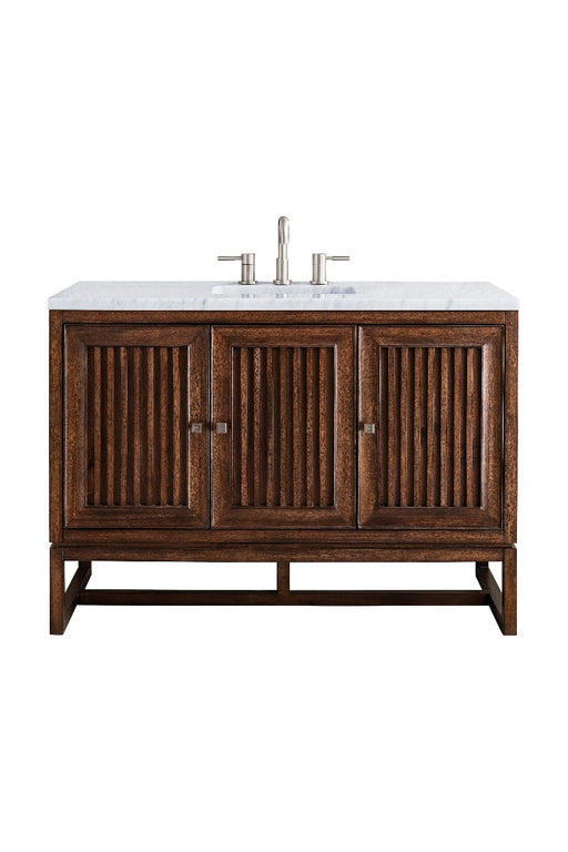 James Martin Furniture - Athens 48" Single Vanity Cabinet, Mid Century Acacia, w- 3 CM Arctic Fall Solid Surface Countertop - E645-V48-MCA-3AF - GreatFurnitureDeal