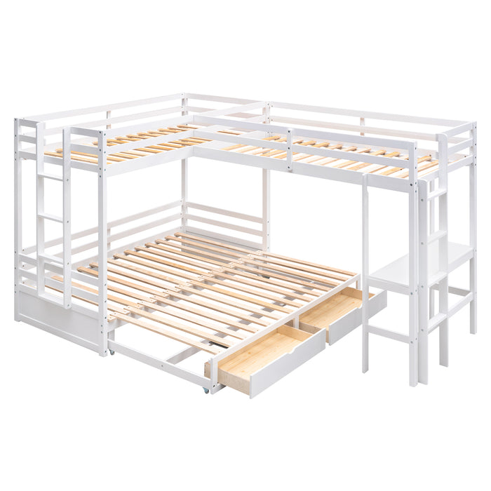 GFD Home - Twin over Twin/King Size L-Shaped Bunk Bed with Built-in Desk and Two Drawers,White - GreatFurnitureDeal