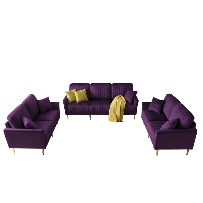 GFD Home - Modern Purple Velvet Upholstered 3-Piece Sectional Sofa Set, 3-Seater Sofa + 2 Piece Loveseat Sofa Couch with Sturdy Metel Legs for Living Room or Apartment - GreatFurnitureDeal