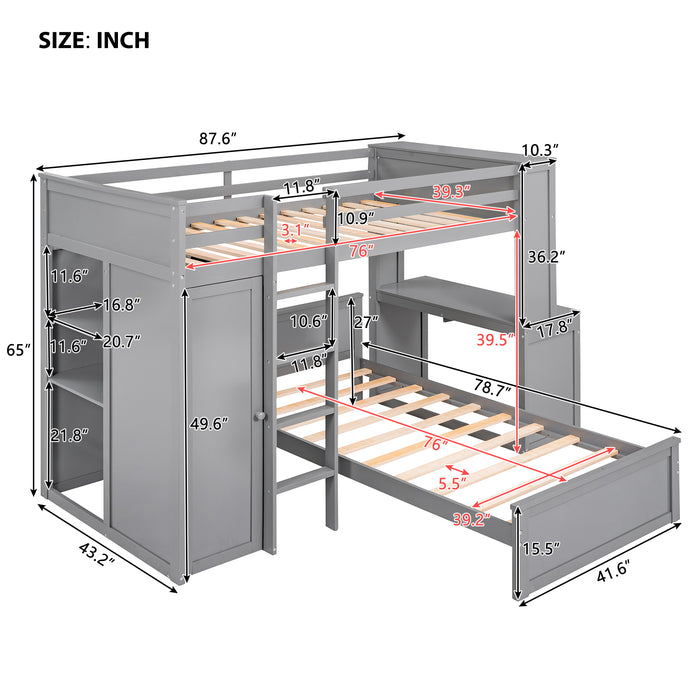 GFD Home - Twin size Loft Bed with a Stand-alone bed, Shelves,Desk,and Wardrobe-Gray - GreatFurnitureDeal