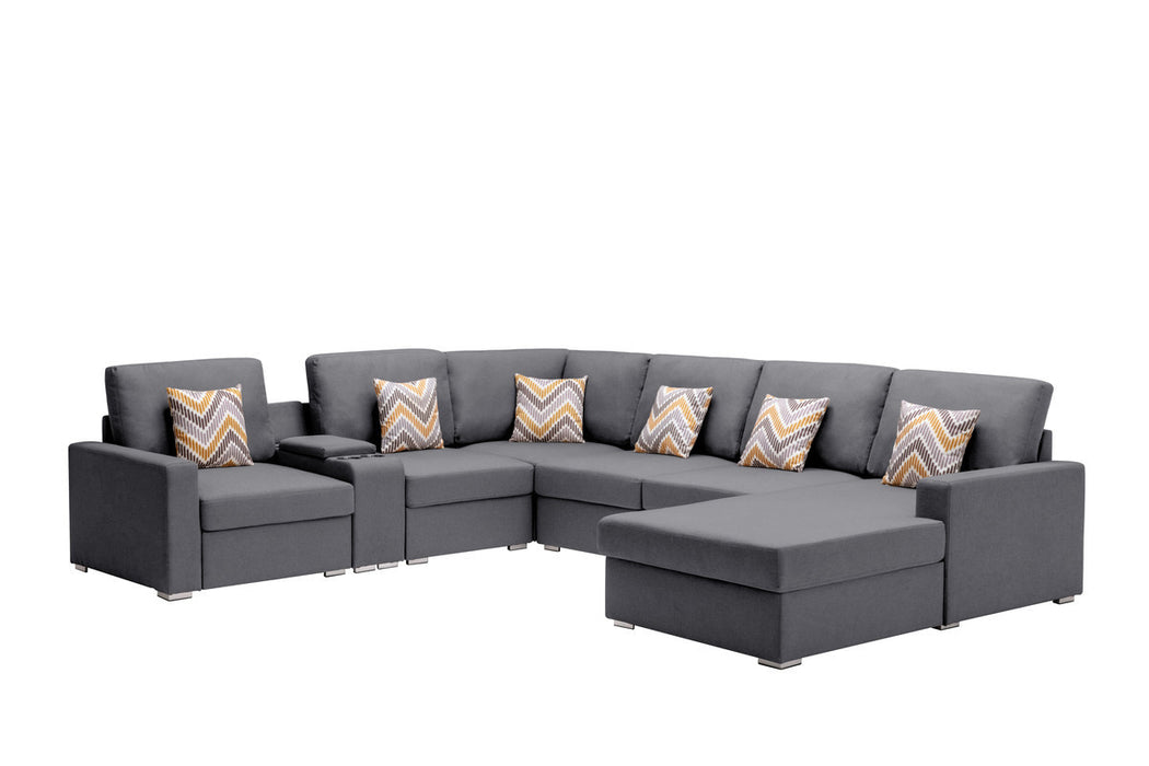 GFD Home - Nolan Gray Linen Fabric 7Pc Reversible Chaise Sectional Sofa with a USB, Charging Ports, Cupholders, Storage Console Table and Pillows and Interchangeable Legs - GreatFurnitureDeal