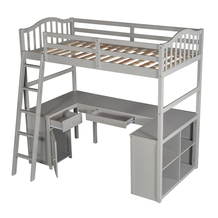 GFD Home - Twin size Loft Bed with Drawers, Cabinet, Shelves and Desk, Wooden Loft Bed with Desk - Gray (OLD SKU :LP000505AAE) - GreatFurnitureDeal