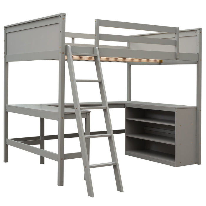 GFD Home - Full size Loft Bed with Shelves and Desk, Wooden Loft Bed with Desk - Gray - GreatFurnitureDeal