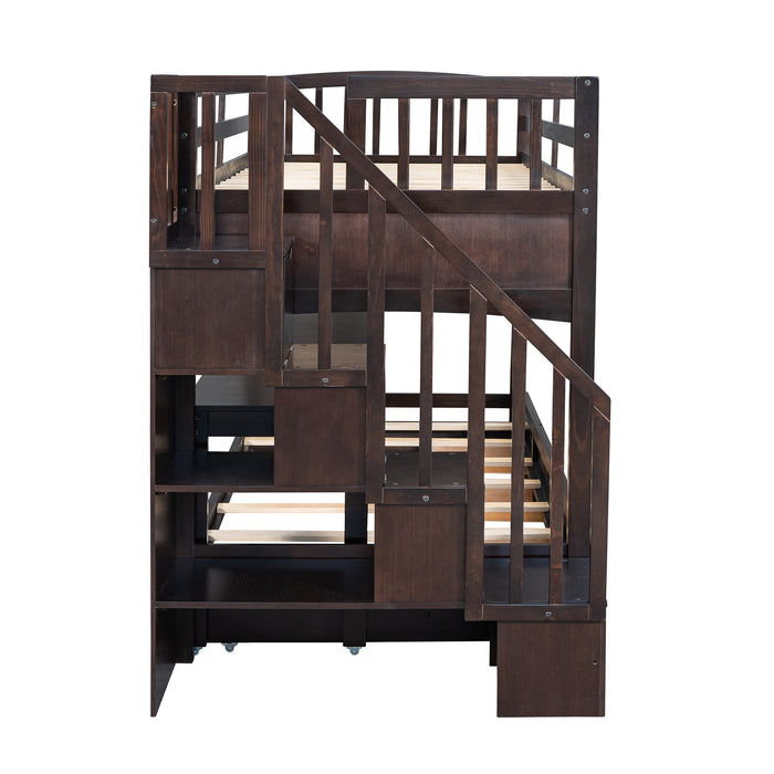 GFD Home - Stairway Twin XL Loft Bed with Twin Size Trundle and 3 Drawers, Storage, Desk, Espresso - GreatFurnitureDeal