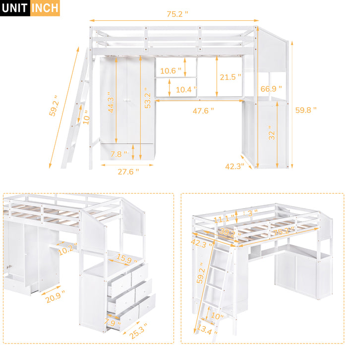 GFD Home - Twin Size Loft Bed with Wardrobe and Drawers, attached Desk with Shelves, White - GreatFurnitureDeal