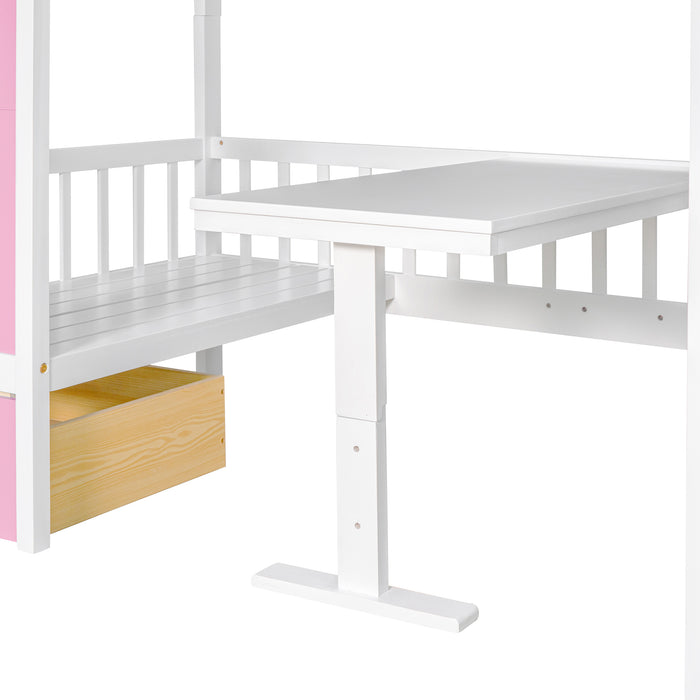 GFD Home - Twin-Over-Twin Bunk Bed with Changeable Table , Bunk Bed  Turn into Upper Bed and Down Desk with 2 Drawers - Pink - GreatFurnitureDeal