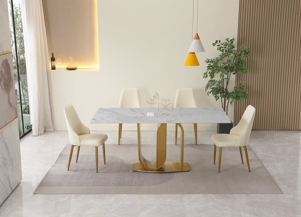 GFD House - 71" Contemporary Dining Table  Sintered Stone  U shape Pedestal Base in Gold finish with 6 pcs Chairs . - GreatFurnitureDeal