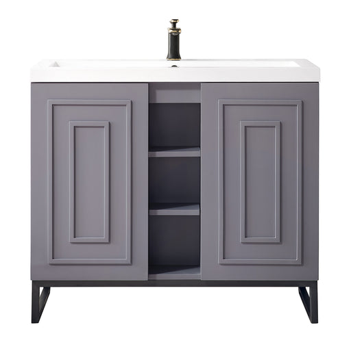 James Martin Furniture - Alicante' 39.5" Single Vanity Cabinet, Grey Smoke, Matte Black w/White Glossy Composite Countertop - E110V39.5GSMMBKWG - GreatFurnitureDeal