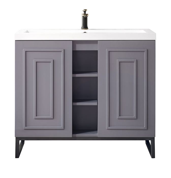 James Martin Furniture - Alicante' 39.5" Single Vanity Cabinet, Grey Smoke, Matte Black w/White Glossy Composite Countertop - E110V39.5GSMMBKWG