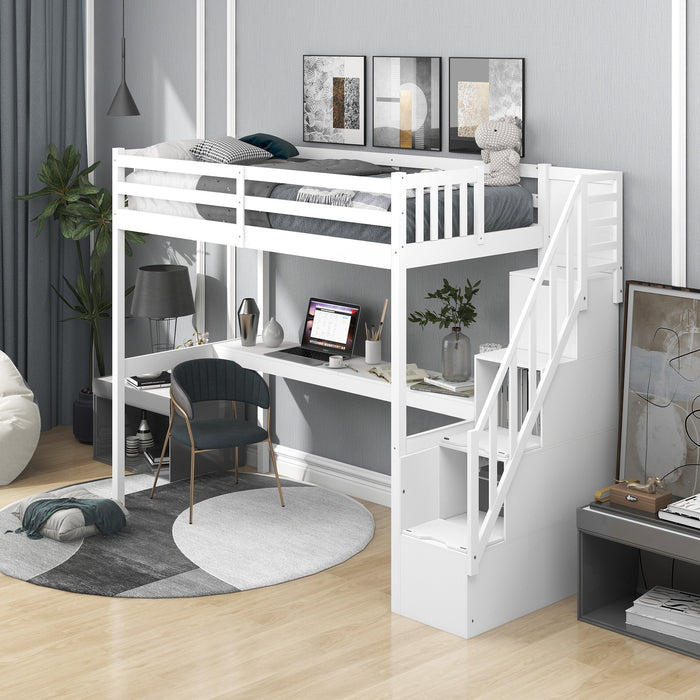 GFD Home - Twin Size Loft Bed with Staircase and Built-in Desk ,White - GreatFurnitureDeal