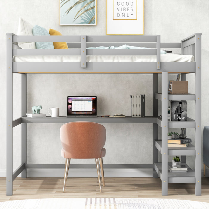 GFD Home - Full Size Loft Bed with Storage Shelves and Under-bed Desk, Gray(OLD SKU:SM000246AAE-1) - GreatFurnitureDeal