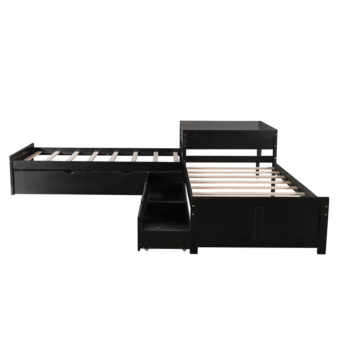 GFD Home - L-shaped Platform Bed with Trundle and Drawers Linked with built-in Desk,Twin,Espresso - GreatFurnitureDeal