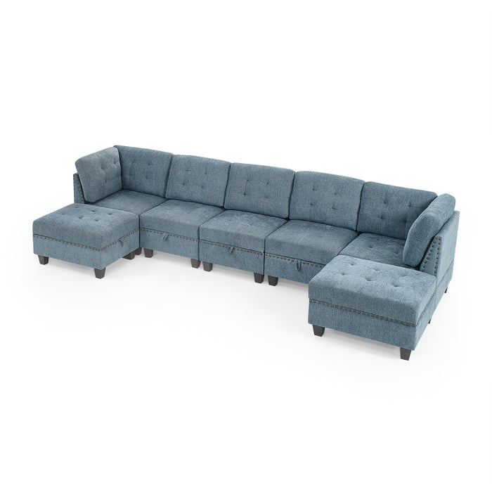 GFD Home - L shape Modular Sectional Sofa，DIY Combination，includes Three Single Chair ，Two Corner and Two Ottoman，Navy Blue - GreatFurnitureDeal