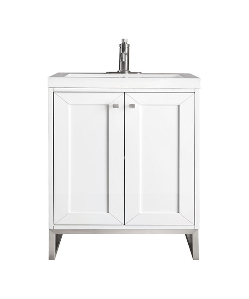 James Martin Furniture - Chianti 24" Single Vanity Cabinet, Glossy White, Brushed Nickel, w/ White Glossy Composite Countertop - E303V24GWBNKWG - GreatFurnitureDeal