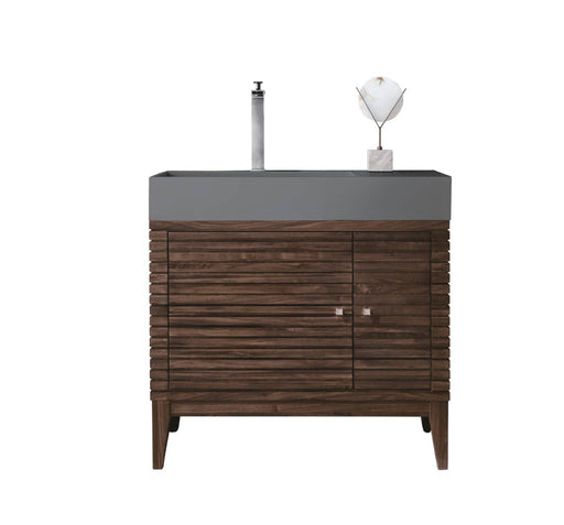 James Martin Furniture - Linear 36" Single Vanity, Mid Century Walnut w- Dusk Grey Glossy Composite Top - 210-V36-WLT-DGG - GreatFurnitureDeal