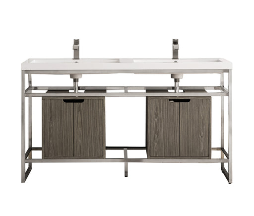 James Martin Furniture - Boston 63" Stainless Steel Sink Console (Double Basins), Brushed Nickel w/ Ash Gray Storage Cabinet, White Glossy Composite Countertop - C105V63BNKSCAGRWG - GreatFurnitureDeal