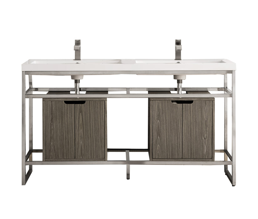 James Martin Furniture - Boston 63" Stainless Steel Sink Console (Double Basins), Brushed Nickel w/ Ash Gray Storage Cabinet, White Glossy Composite Countertop - C105V63BNKSCAGRWG