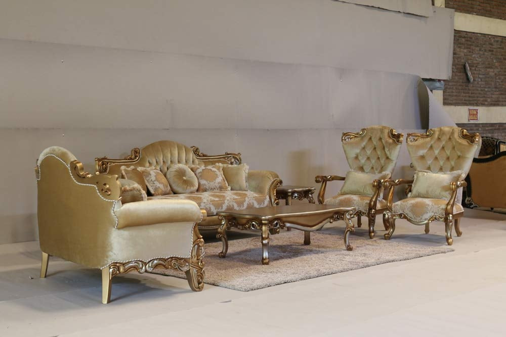European Furniture - Alexsandra 4 Piece Luxury Living Room Set in Golden Brown with Antique Silver - 43553-SL2C