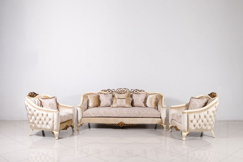European Furniture - Angelica 2 Piece Luxury Sofa Set in Beige and Antique Dark Gold Leaf - 4535-SC
