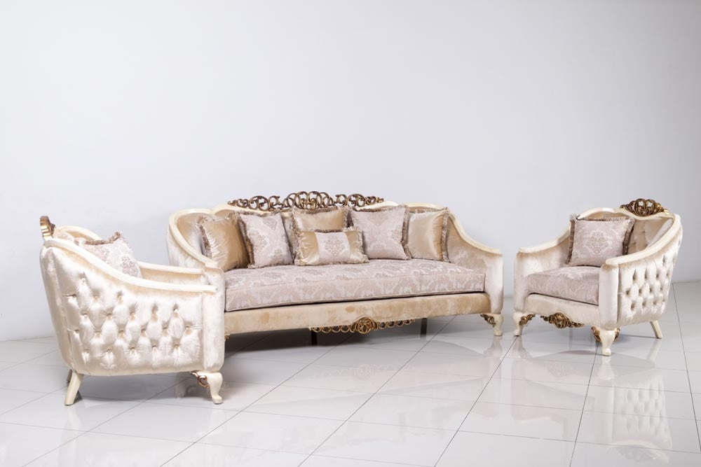 European Furniture - Angelica 2 Piece Luxury Sofa Set in Beige and Antique Dark Gold Leaf - 4535-SL - GreatFurnitureDeal