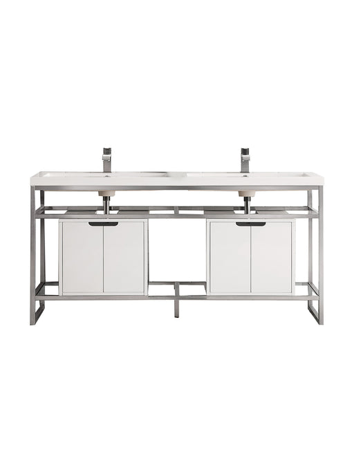 James Martin Furniture - Boston 63" Stainless Steel Sink Console (Double Basins), Brushed Nickel w/ Glossy White Storage Cabinet, White Glossy Composite Countertop - C105V63BNKSCGWWG - GreatFurnitureDeal