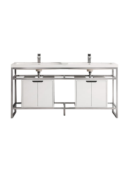 James Martin Furniture - Boston 63" Stainless Steel Sink Console (Double Basins), Brushed Nickel w/ Glossy White Storage Cabinet, White Glossy Composite Countertop - C105V63BNKSCGWWG