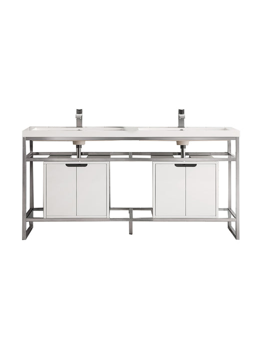 James Martin Furniture - Boston 63" Stainless Steel Sink Console (Double Basins), Brushed Nickel w/ Glossy White Storage Cabinet, White Glossy Composite Countertop - C105V63BNKSCGWWG - GreatFurnitureDeal