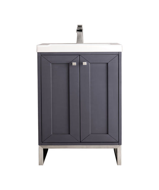 James Martin Furniture - Chianti 20" Single Vanity Cabinet, Mineral Grey, Brushed Nickel, w/ White Glossy Composite Countertop - E303V20MGBNKWG - GreatFurnitureDeal