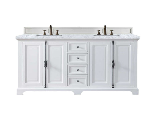 James Martin Furniture - Providence 72" Bright White Double Vanity w- 3 CM Carrara Marble Top - 238-105-V72-BW-3CAR - GreatFurnitureDeal