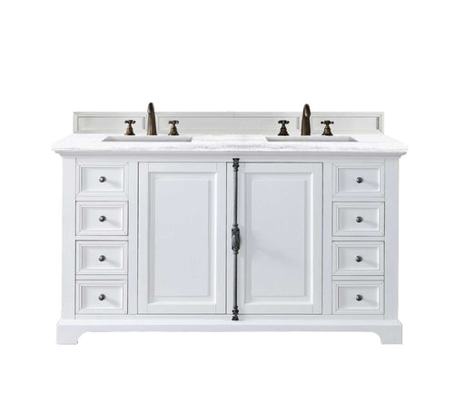 James Martin Furniture - Providence 60" Bright White Double Vanity w- 3 CM Arctic Fall Solid Surface Top - 238-105-V60D-BW-3AF - GreatFurnitureDeal
