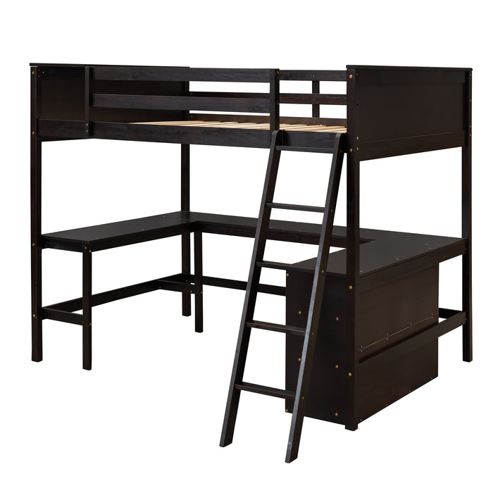 GFD Home - Full size Loft Bed with Shelves and Desk, Wooden Loft Bed with Desk - Espresso - GreatFurnitureDeal