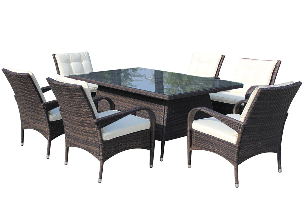 GFD Home - Patio 7-Piece Rectangular Dining Set with 6 Dining Chairs (Brown &Beige Cushion ) - GreatFurnitureDeal