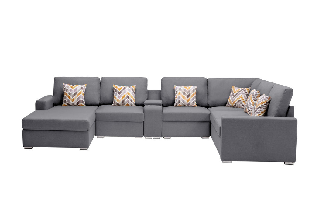 GFD Home - Nolan Gray Linen Fabric 7Pc Reversible Chaise Sectional Sofa with a USB, Charging Ports, Cupholders, Storage Console Table and Pillows and Interchangeable Legs - GreatFurnitureDeal