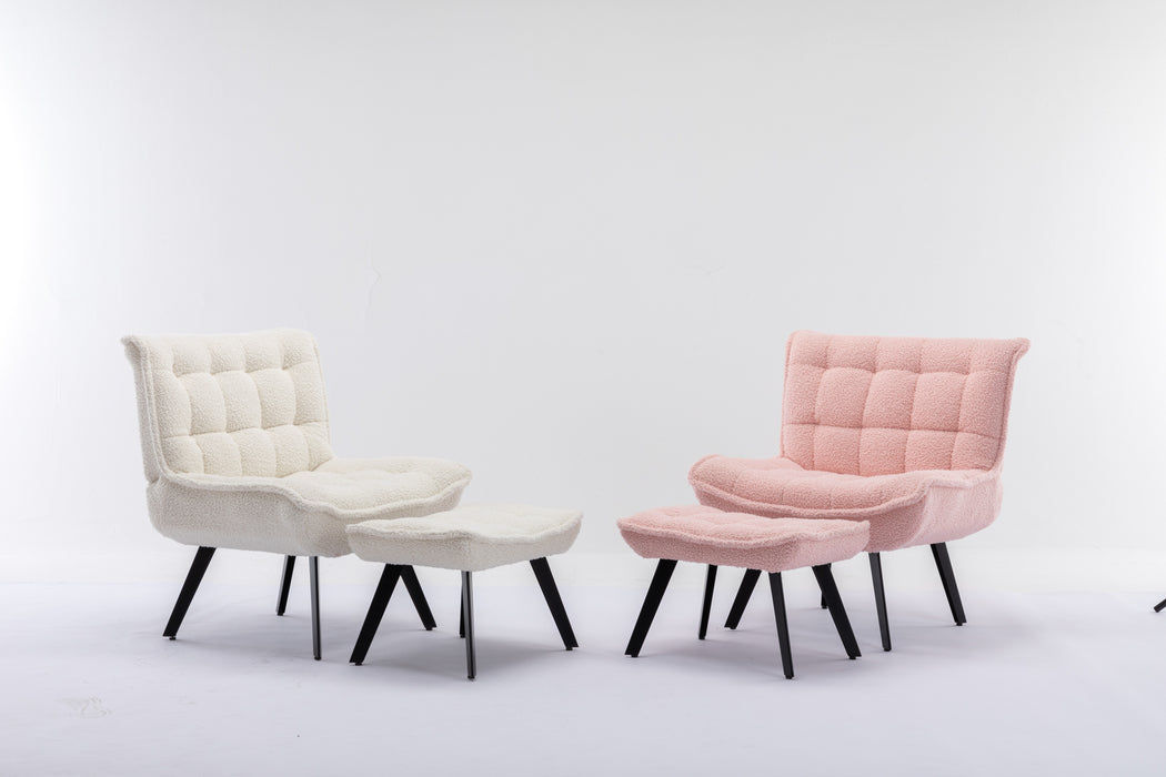 GFD HOME - Modern Soft Teddy Fabric Material Large Width Accent Chair Leisure Chair Armchair TV Chair Bedroom Chair With Ottoman Black Legs For Indoor Home And Living Room,White - GreatFurnitureDeal