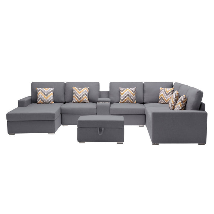 GFD Home - Nolan Gray Linen Fabric 8Pc Reversible Chaise Sectional Sofa with Interchangeable Legs, Pillows, Storage Ottoman, and a USB, Charging Ports, Cupholders, Storage Console Table - GreatFurnitureDeal