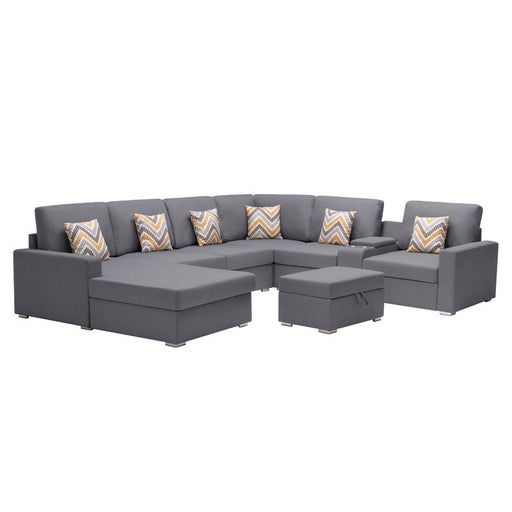 GFD Home - Nolan Gray Linen Fabric 8Pc Reversible Chaise Sectional Sofa with Interchangeable Legs, Pillows, Storage Ottoman, and a USB, Charging Ports, Cupholders, Storage Console Table - GreatFurnitureDeal