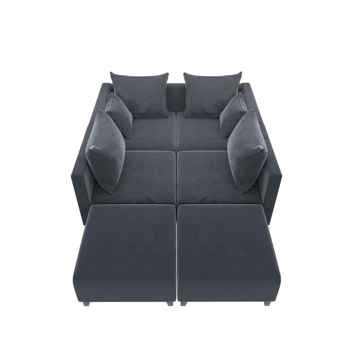 GFD Home - Sectional Sofa U shape Velvet Square Arm Sofa with 6 Pillows for Living Room, Grey - GreatFurnitureDeal