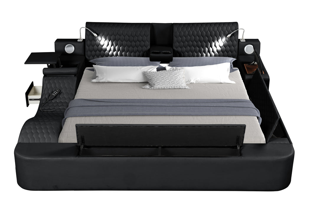 GFD Home - Zoya Smart Multifunctional Queen Size Bed Made with Wood in Black - GreatFurnitureDeal