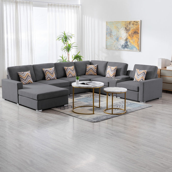 GFD Home - Nolan Gray Linen Fabric 7Pc Reversible Chaise Sectional Sofa with a USB, Charging Ports, Cupholders, Storage Console Table and Pillows and Interchangeable Legs - GreatFurnitureDeal