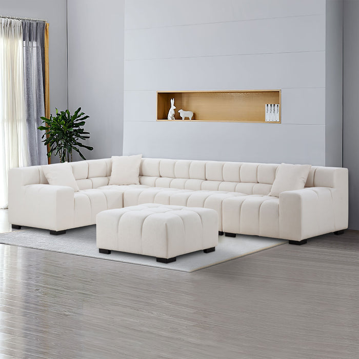 GFD Home - L-Shaped Sectional Sofa Modular Seating Sofa Couch with Ottoman Beige - GreatFurnitureDeal